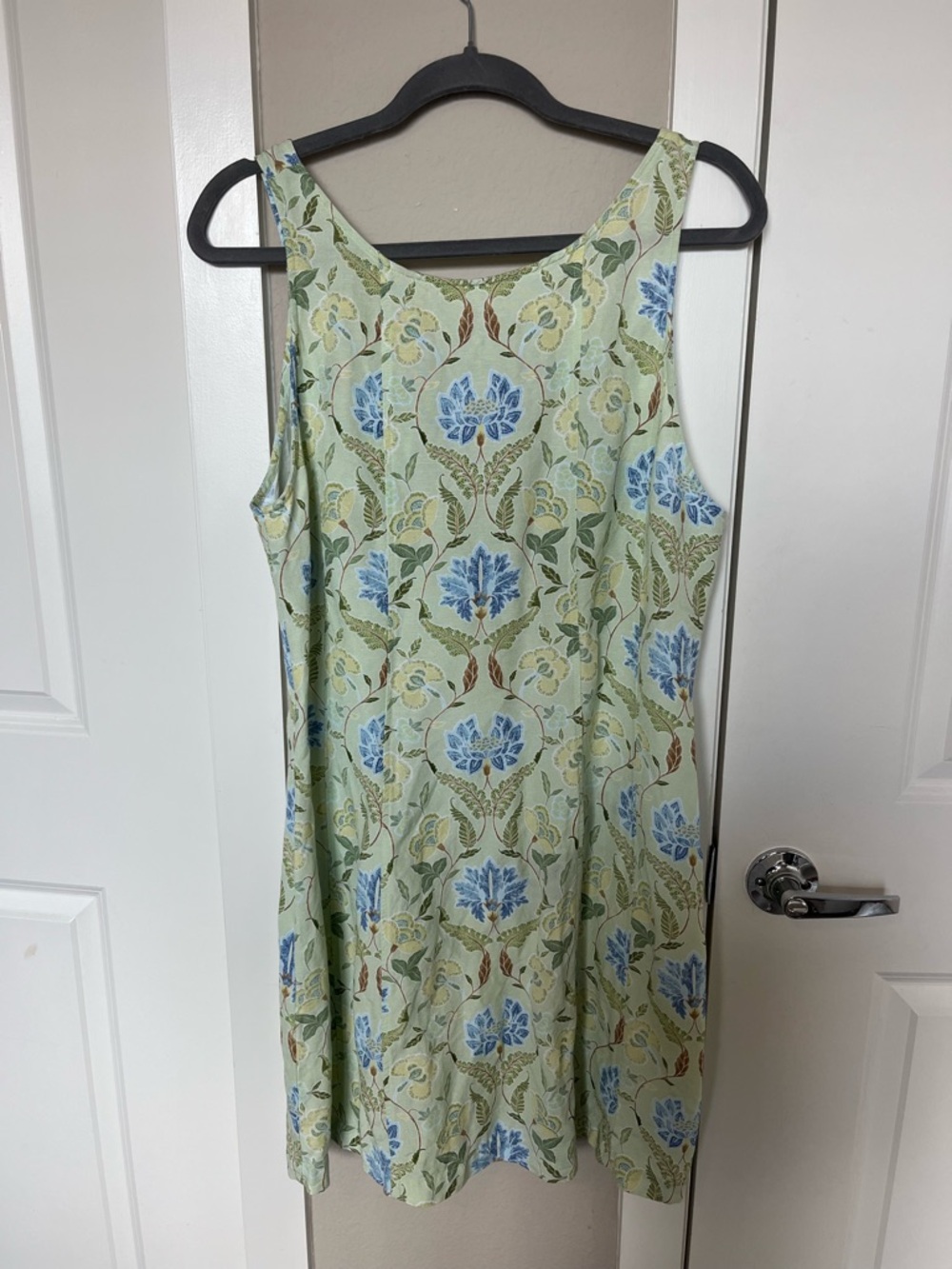 LOFT Light Green Floral Midi Dress with Blue Accents